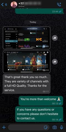 IPTV customer review showing successful activation and premium IPTV service quality